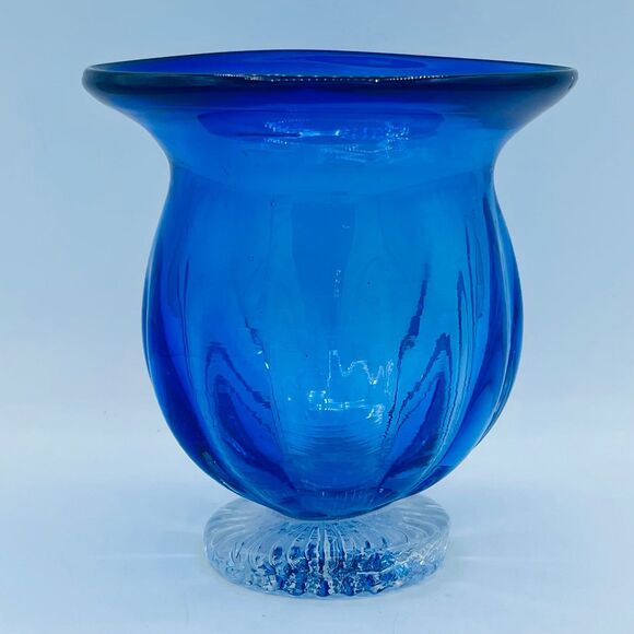 Vintage Cobalt Blue Flared Opening Glass Vase Hurricane Candle Holder Pedestal - Picture 1 of 9